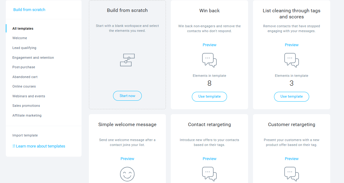 GetResponse template selection page showing welcome new contacts template and build from scratch option